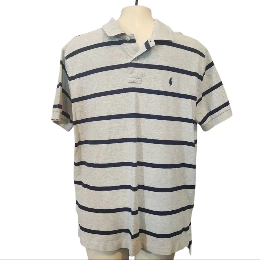 Ralph Lauren Men's Polo Shirt in Gray and Navy Stripes Size Large‎